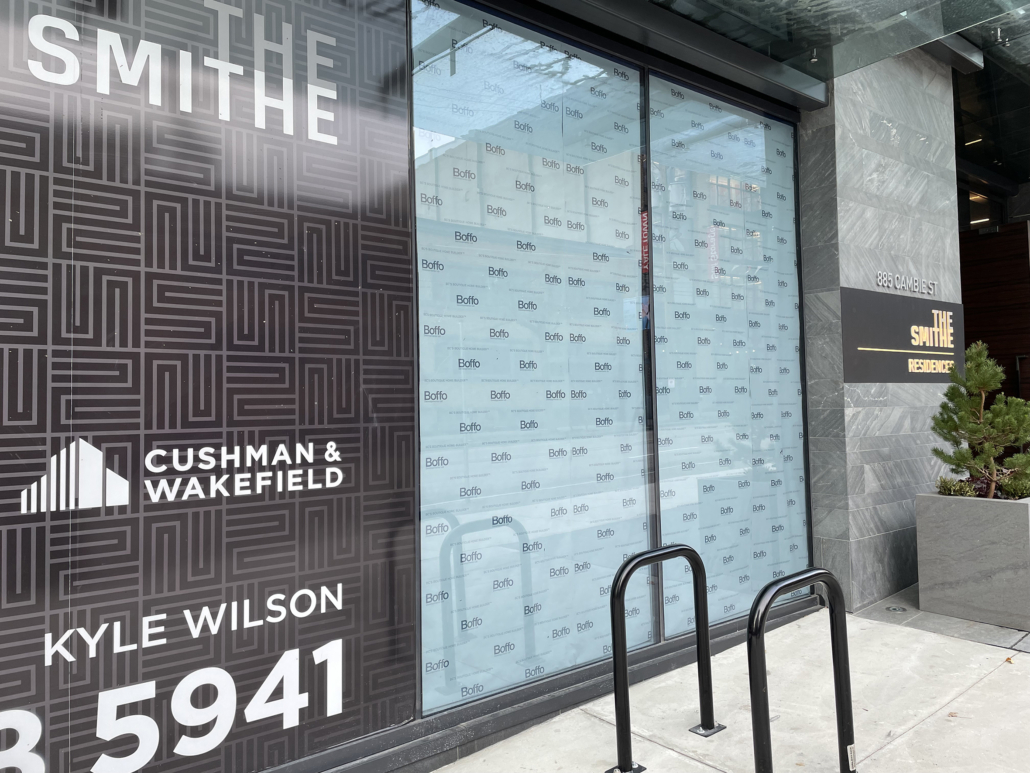 branded window paper, the smithe, boffo developments, cushman & wakefield, window paper installed, graphic pattern, 885 cambie st.