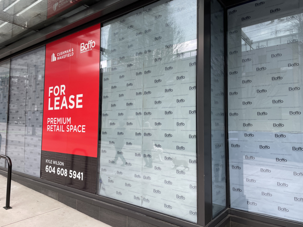 Branded window paper with pedestrians, for lease, premium retail space, boffo developments, cushman & wakefield
