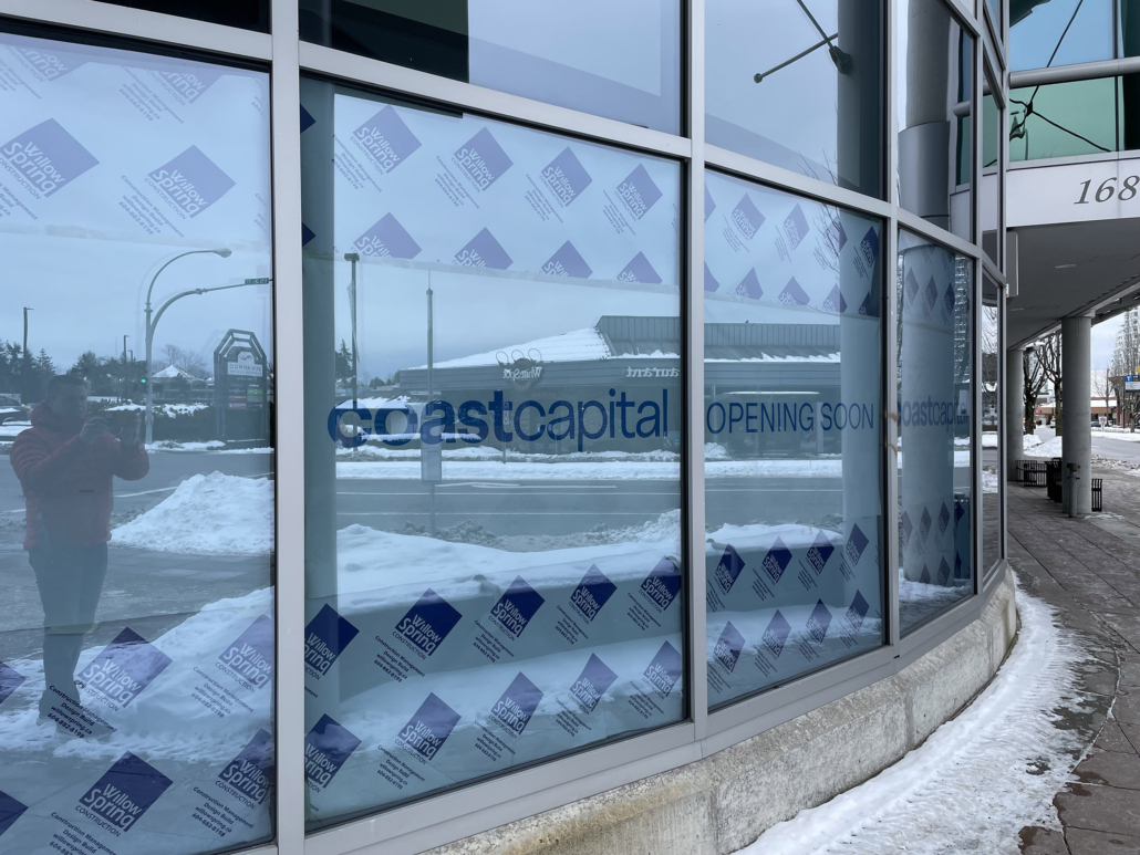 Custom Branded Window Paper in Coast Capital Saving Building windows, 152st Surrey, BC, New Construction, White Rock, 2