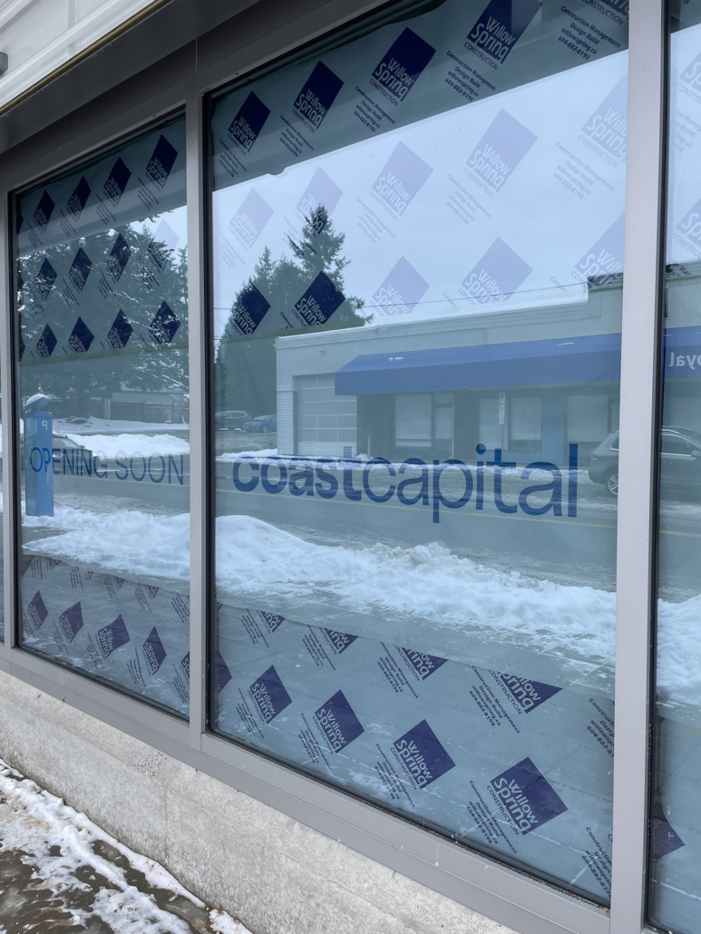 Custom Branded Window Paper in Coast Capital Saving Building windows, 152st Surrey, BC, New Construction, White Rock, 3
