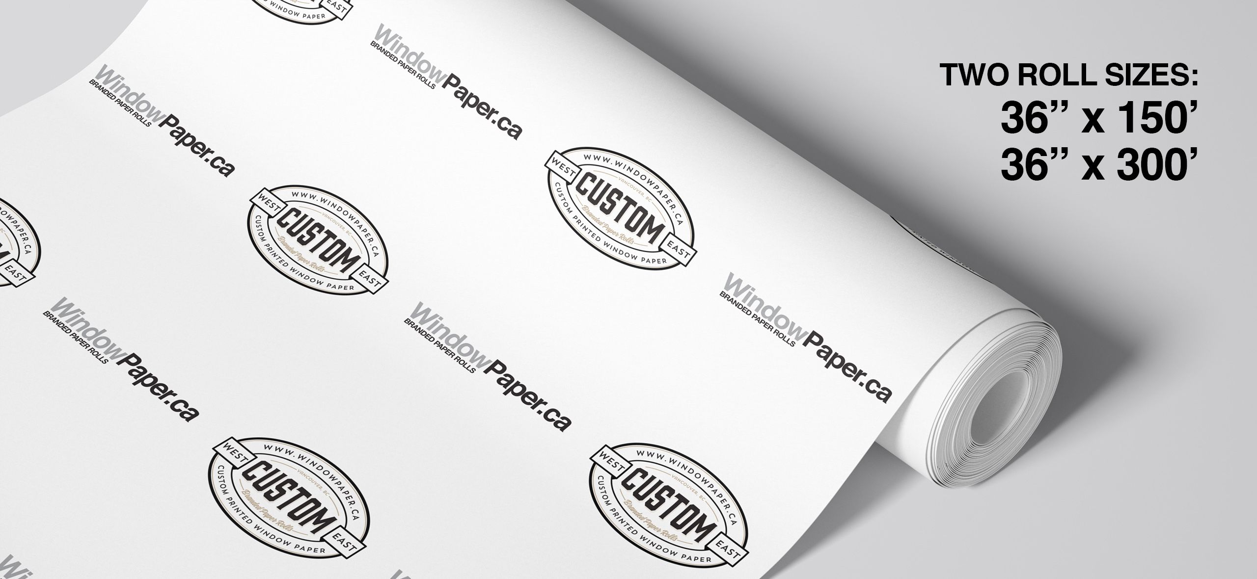 Profile photo of a roll of printed branded window paper by windowpaper.ca, window film, windowpaper, window paper, two roll sizes: 36" x 150' and 36" x 300'